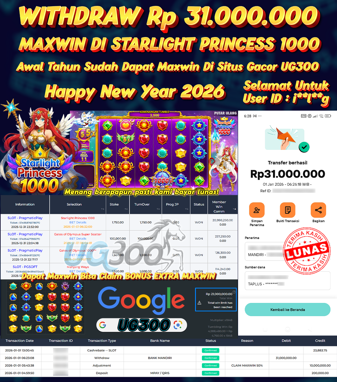 UG300 BERMAIN DI STARLIGHT PRINCESS 1000 JACKPOT MAXWIN Rp.31,000,000- DI BAYAR TUNTAS